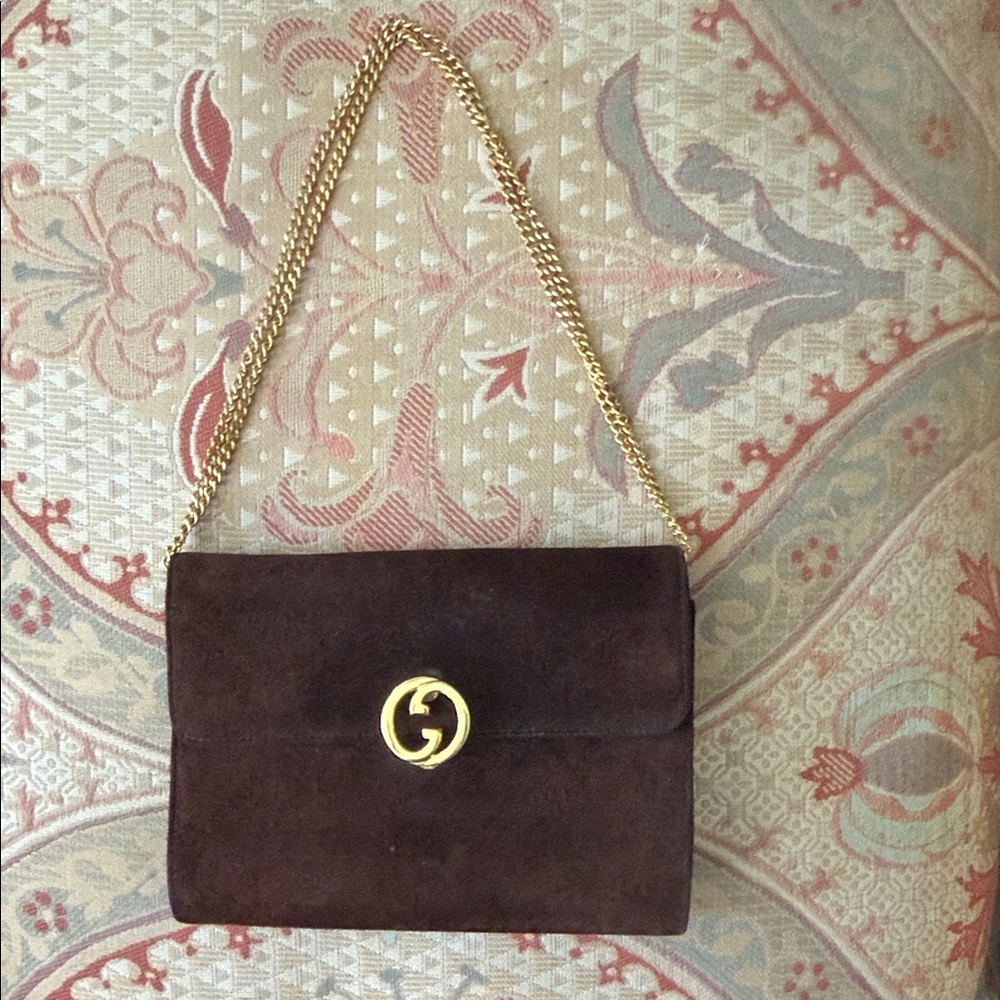 Gucci Brown Suede Crossbody Bag with Gold Chain - Picture 6 of 15